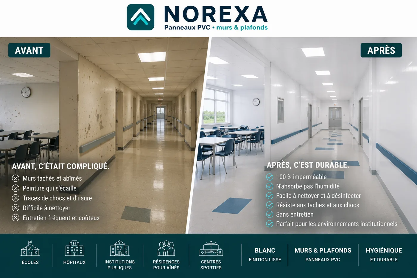 Institutionnel — avant (problèmes) et après (panneaux NOREXA)